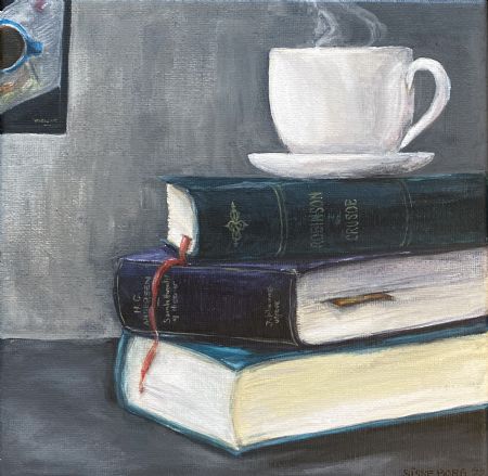 Akryl maleri Bøger og kaffe af Sisse Borg malet i 2022