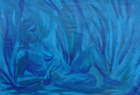 Akryl maleri Liggende blå af Mia Rasmussen malet i 2020