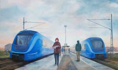 Olie maleri Det blå tog af Ruth Jensen malet i 2023