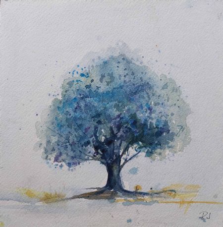 Akvarel maleri Træ med blå blomster af Ruth Jensen malet i 2022