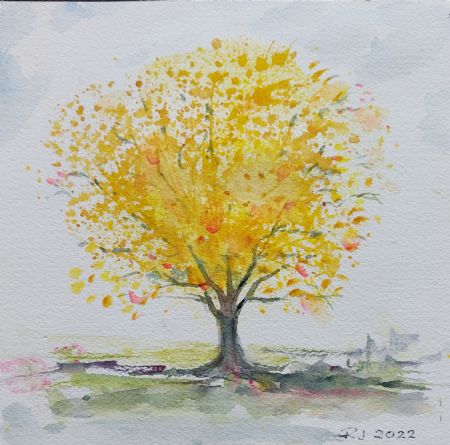 Akvarel maleri Mit gule træ af Ruth Jensen malet i 2022