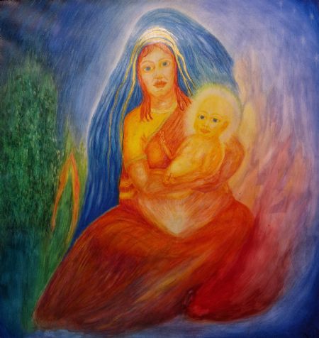 Akvarel maleri Et lille Guddommeligt barn af Yeshe Ann Moros malet i 2023