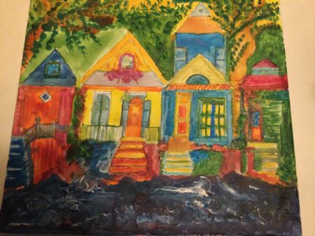 Akvarel maleri Byen i farver af Mette pedersen malet i 2023