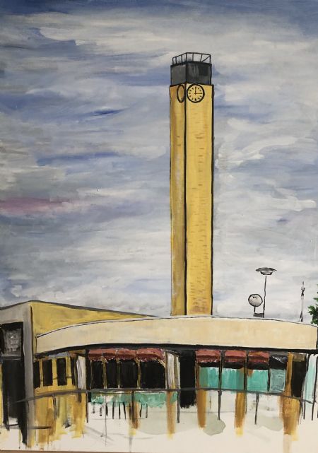 Akryl maleri Old Bus Station, Lahti af Alex Zichau Hertz malet i 2023