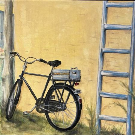 Akryl maleri Cykel langs mur af Sisse Borg malet i 2023