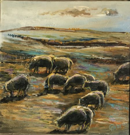 Akryl maleri “Corderos II” - får i modlys af Carsten Filberth malet i 2019
