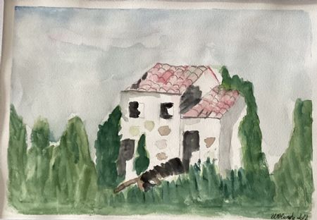 Akvarel maleri Hus af Winnie Huniche malet i 