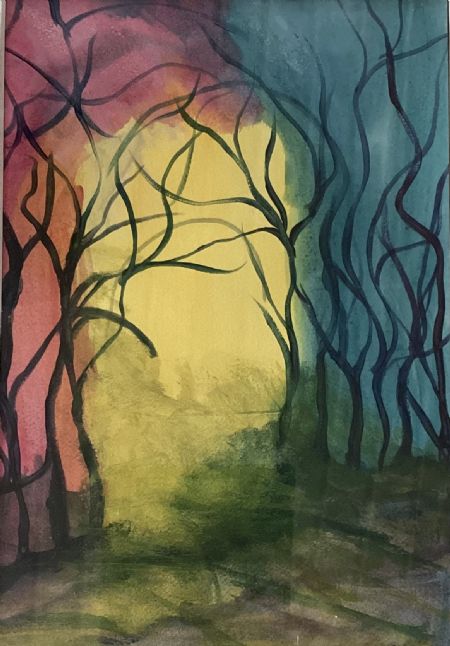Akryl maleri Farverig landskab af Winnie Huniche malet i 