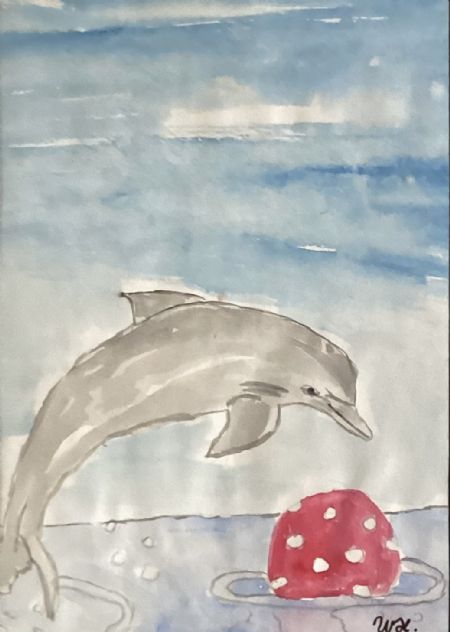 Akvarel maleri Delfin af Winnie Huniche malet i 