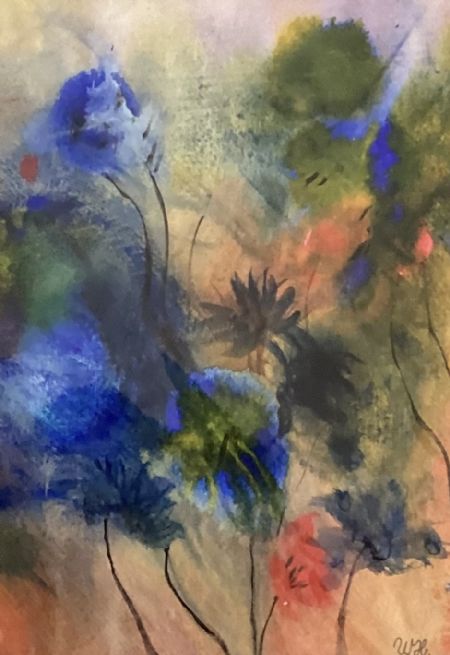 Akryl maleri Farverige abstrakte blomster af Winnie Huniche malet i 