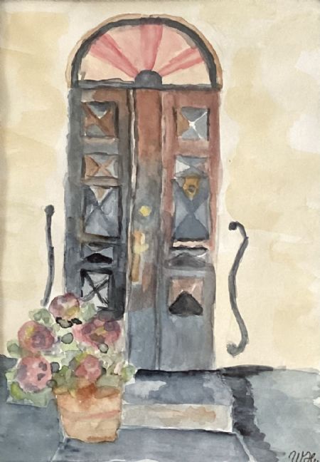 Akvarel maleri Dør med roser af Winnie Huniche malet i 