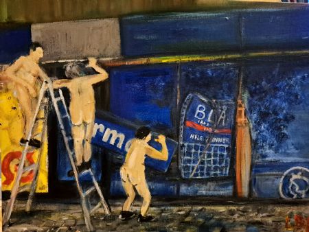 Akryl maleri Irma -arbejdere i offentligheden af Bruun Falck malet i 2023