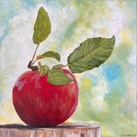 Akryl maleri Det røde æble af Sisse Borg malet i 2023