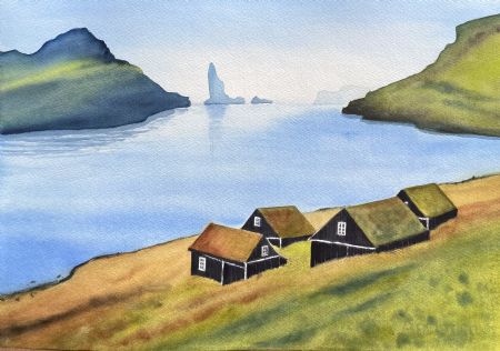 Akvarel maleri Færøerne af Galina Landbo malet i 