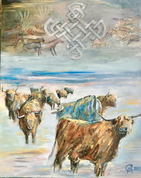 Akryl maleri Toros VII - okser med helleristninger af Carsten Filberth malet i 2018