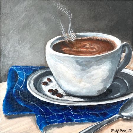 Akryl maleri Kaffestund af Sisse Borg malet i 2023