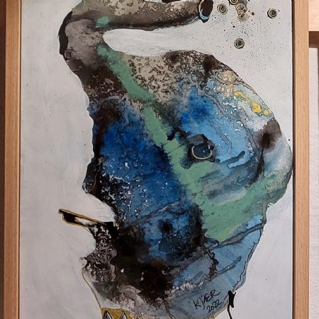 Blandede medier maleri No. 2205 Smokey Elephant (i skifteramme) af Kjærsklatter Susanne Kjær malet i 2022
