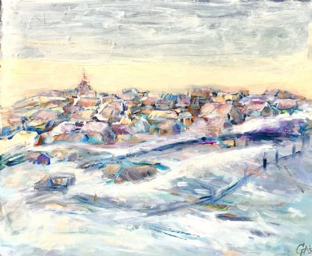 Akryl maleri “Sol overGudhjem - og i sne” af Carsten Filberth malet i 2016