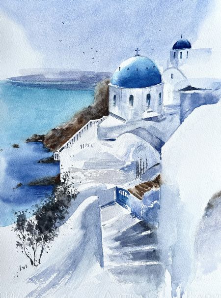 Akvarel maleri Græske øer af Gudrun Anette Andersen malet i 