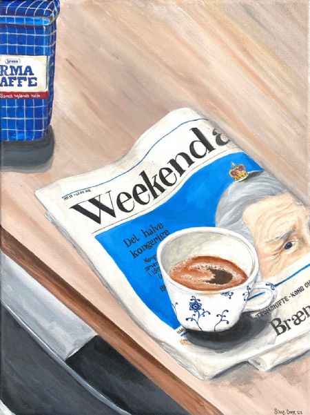 Akryl maleri Weekendkaffe af Sisse Borg malet i 2023