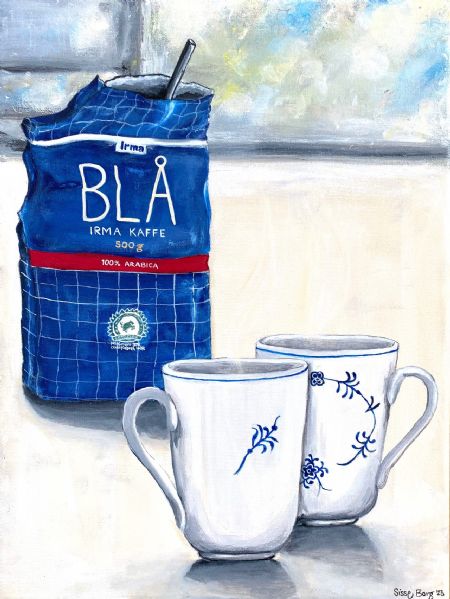 Akryl maleri Blå kaffe af Sisse Borg malet i 2023