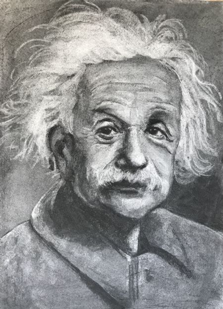 Kul maleri Albert Einstein af Linda Skipper malet i 2023
