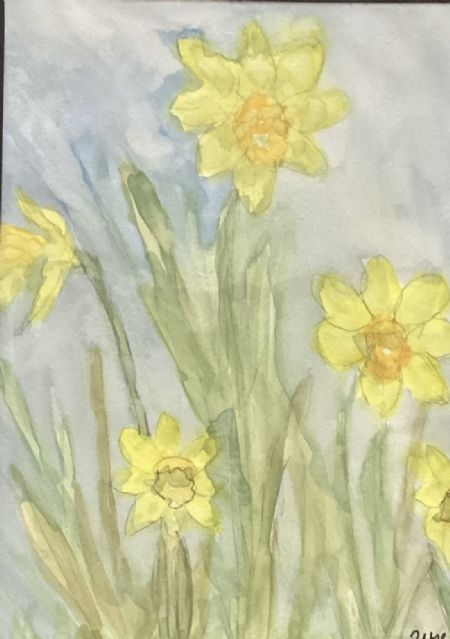 Akvarel maleri Påskeliljer af Winnie Huniche malet i 