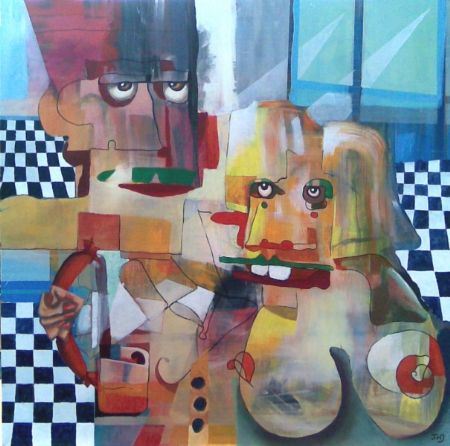 Akryl maleri Kitchen Talk af Tommy Michael Jensen malet i 2009