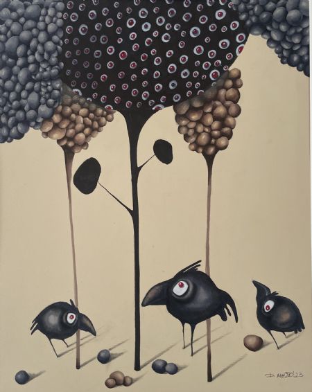Blandede medier maleri Berry birds af Daiva Mazo malet i 2023