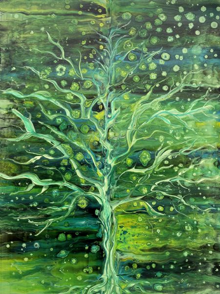 Akryl maleri Træ i det grønne af Lisbeth Storgaard malet i 2023