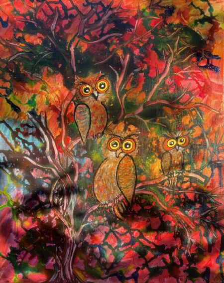 Akryl maleri Meet the owl family af Lisbeth Storgaard malet i 2023