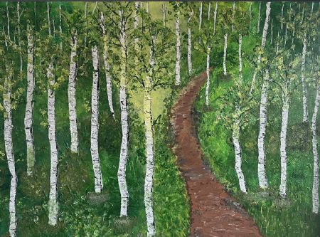 Akryl maleri Birketræer i skoven af Lisbeth Storgaard malet i 2022
