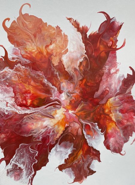 Akryl maleri Den røde blomst af Lisbeth Storgaard malet i 2021