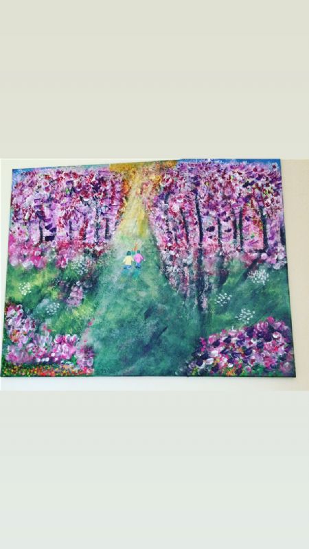 Akryl maleri Tur i en blomsterskov af Mette pedersen malet i 2023