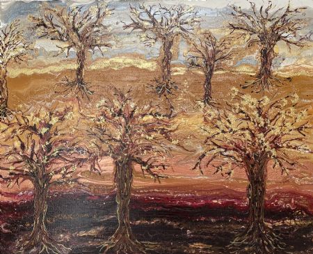 Akryl maleri Træer i festdragt af Lisbeth Storgaard malet i 2023