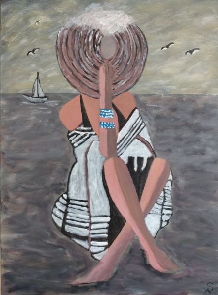 Akryl maleri Lady on the Beach sort af Sadedin Asanovski malet i 2023