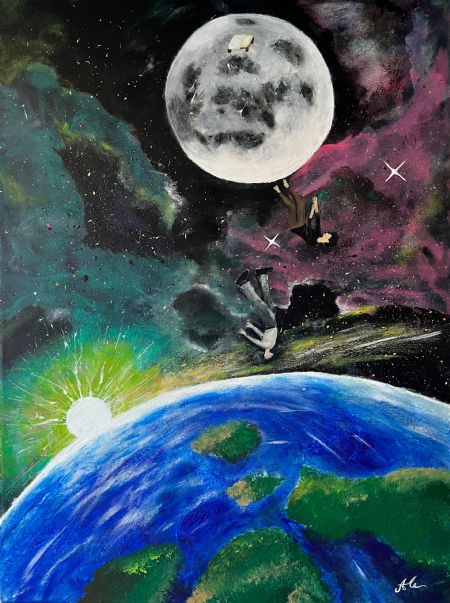 Akryl maleri To the Moon and back by Sunrise af ALEXANDRA CERNAT malet i 2022