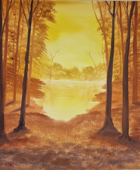 Olie maleri Golden Glow Forest af Michael Christiansen malet i 2023