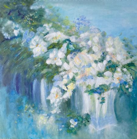 Akryl maleri 'White Flowers on Blue' af Aase Lind malet i 