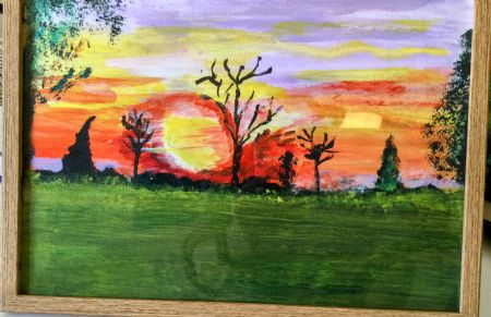 Akvarel maleri Flammende sol af Mette pedersen malet i 2023