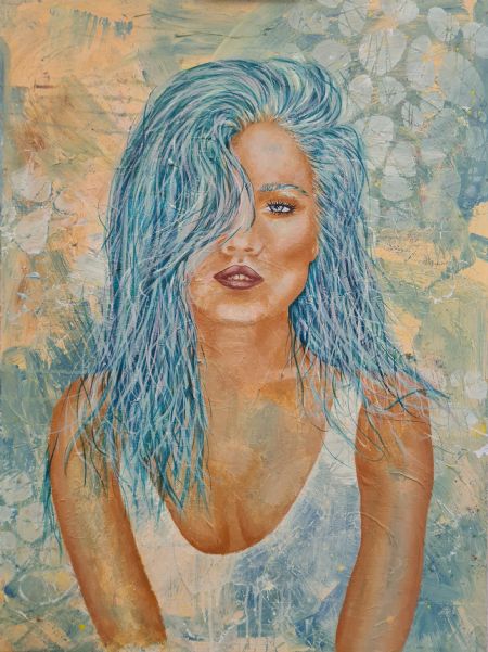 Akryl maleri Blue Haired Girl af KLart - Kristina Larsen malet i 2023