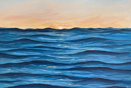 Akryl maleri Lavthængende sol over vand af Tatiana Rask malet i 2023