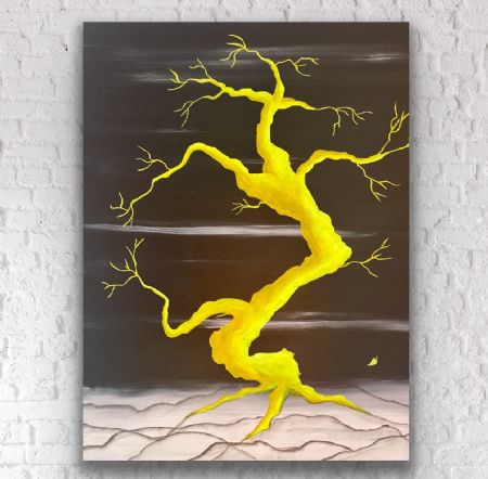 Akryl maleri Neontræ.  Gult af Allan Hilleborg malet i 2023