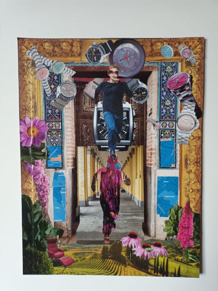 Collage maleri Tiden løber ud af Louise Rahbek Jensen malet i 2023