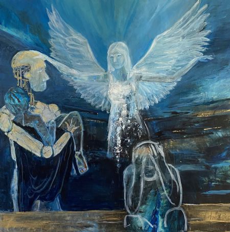Akryl maleri Fremtidens engel af Tenna (Winifred) Winther malet i 2023