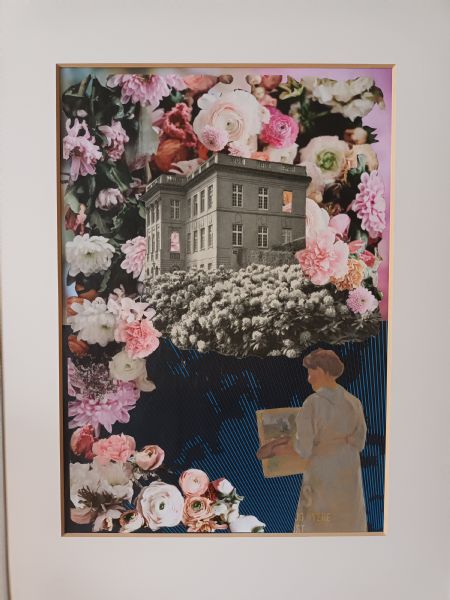 Collage maleri Marie med lærred af Louise Rahbek Jensen malet i 2023