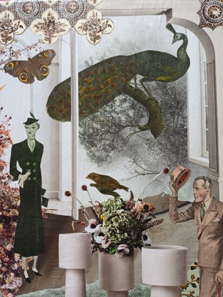 Collage maleri Galanteri af Louise Rahbek Jensen malet i 2023
