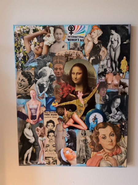 Collage maleri Kvindeidealer af Louise Rahbek Jensen malet i 2023