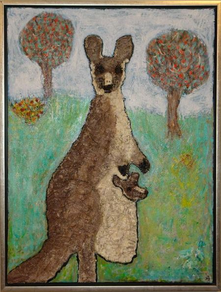 Blandede medier maleri Stop den lille kænguru. af Helle Jensen malet i 