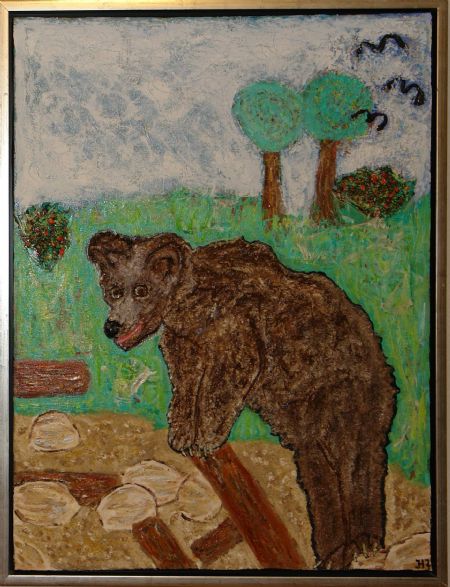 Blandede medier maleri Stampe bjørn af Helle Jensen malet i 